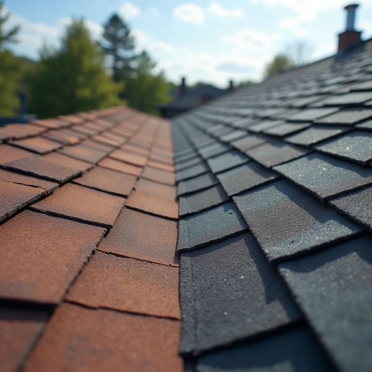 Macro comparison of traditional 3-tab flat shingles versus architectural dimensional shingles