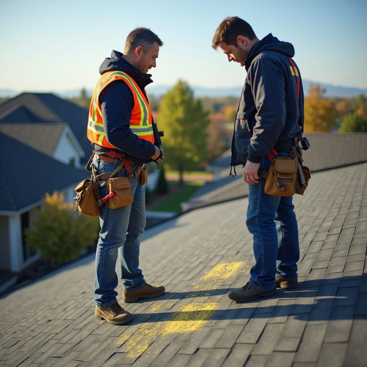 Roof inspector marking hail hits on shingle roof for insurance claim in Arkansas