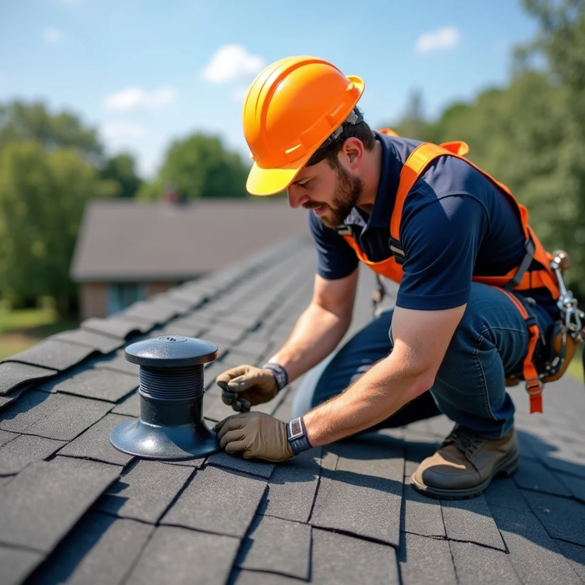 Roofing technician repairing cracked pipe boot flashing on plumbing vent pipe