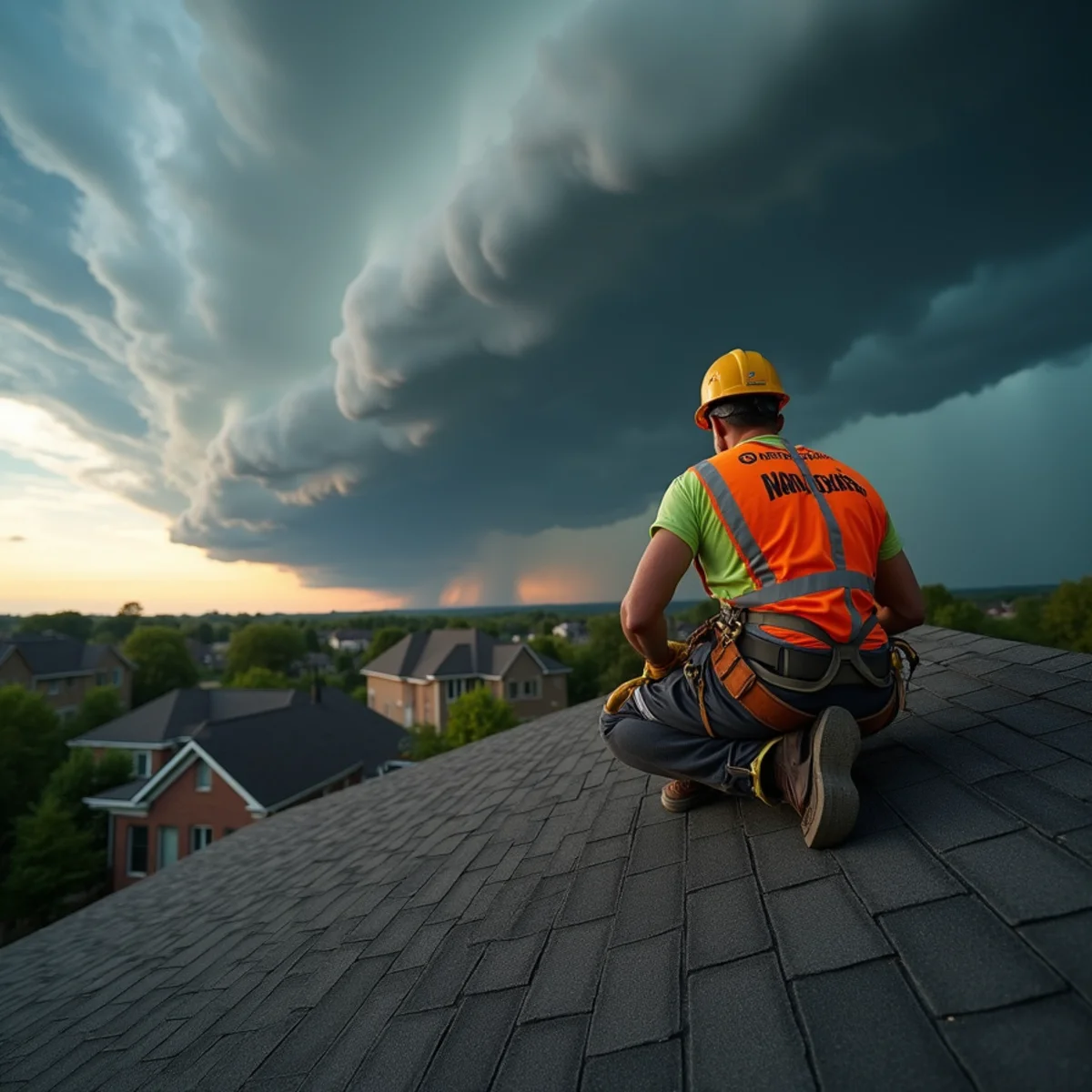 Spring thunderstorm clouds gathering over Central Arkansas suburbs before hailstorm