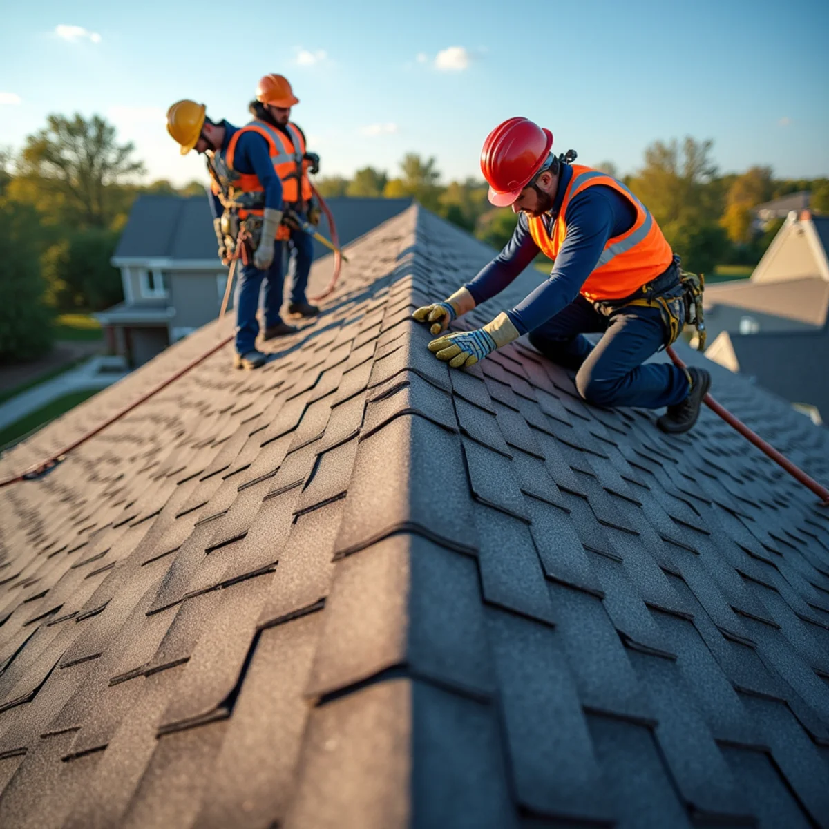 Roof replacement installation stages from morning tear-off to evening ridge vent completion