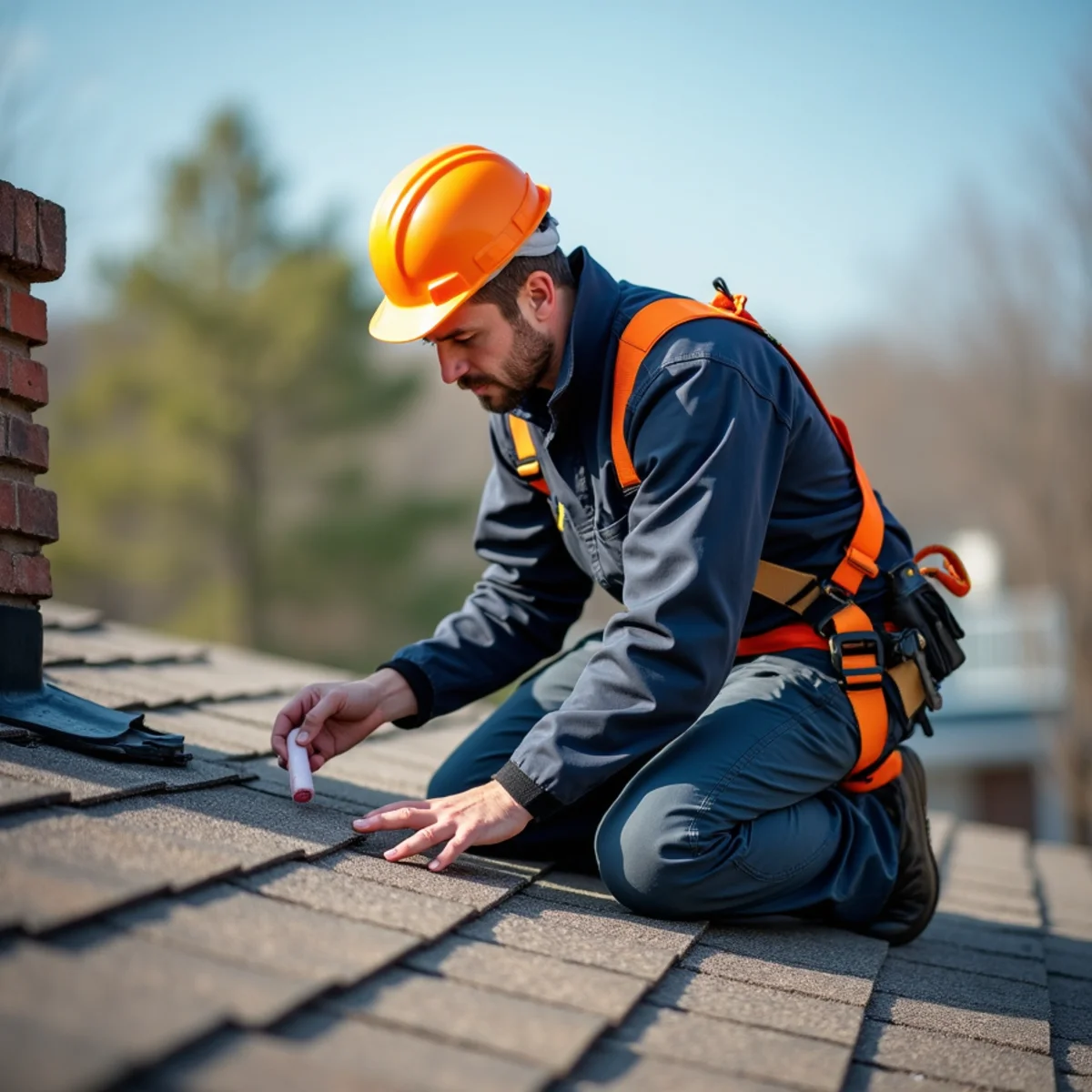 Professional roof inspector closely examining valley flashing and shingle condition