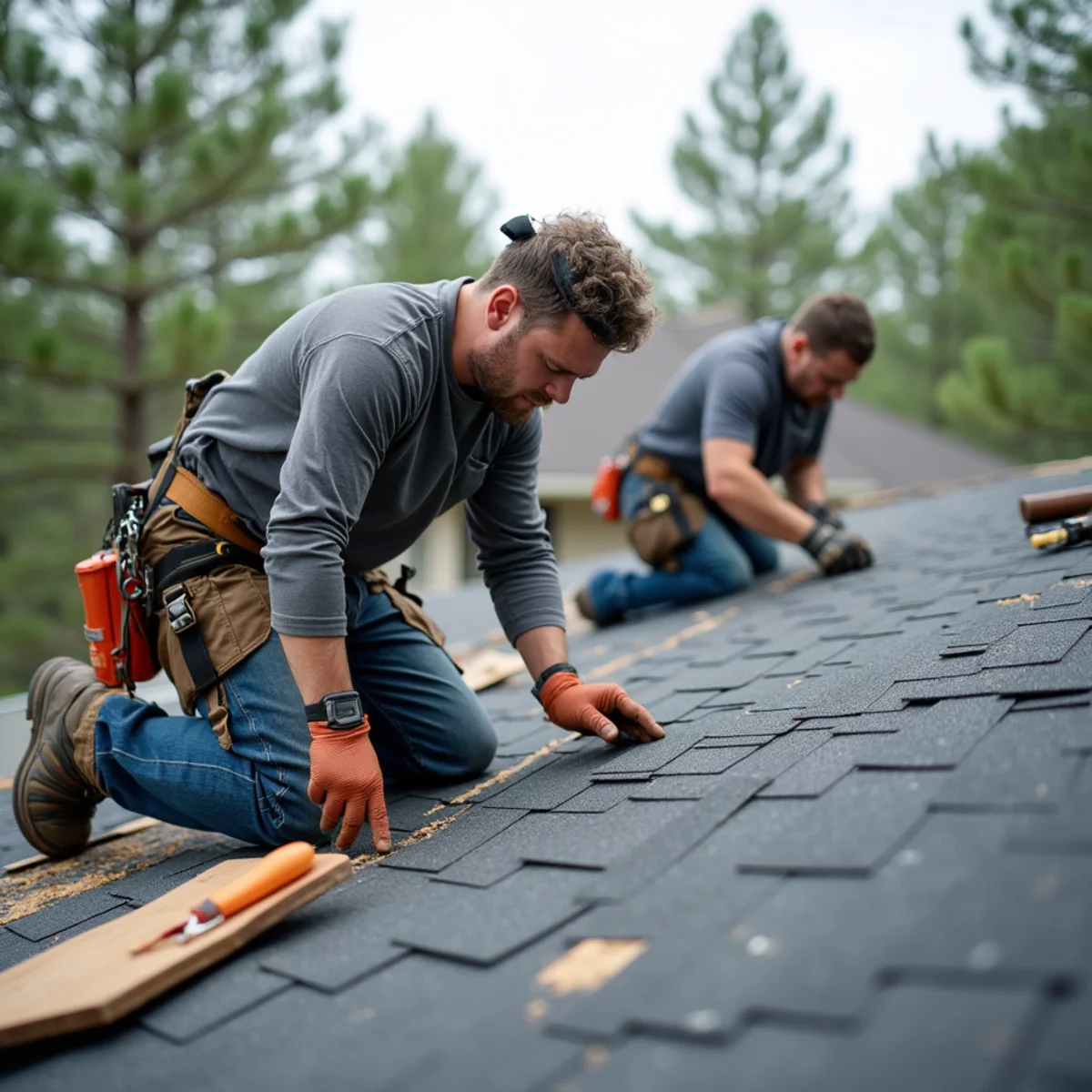 Roofing contractor crew replacing asphalt shingle roof on College Station, Arkansas home