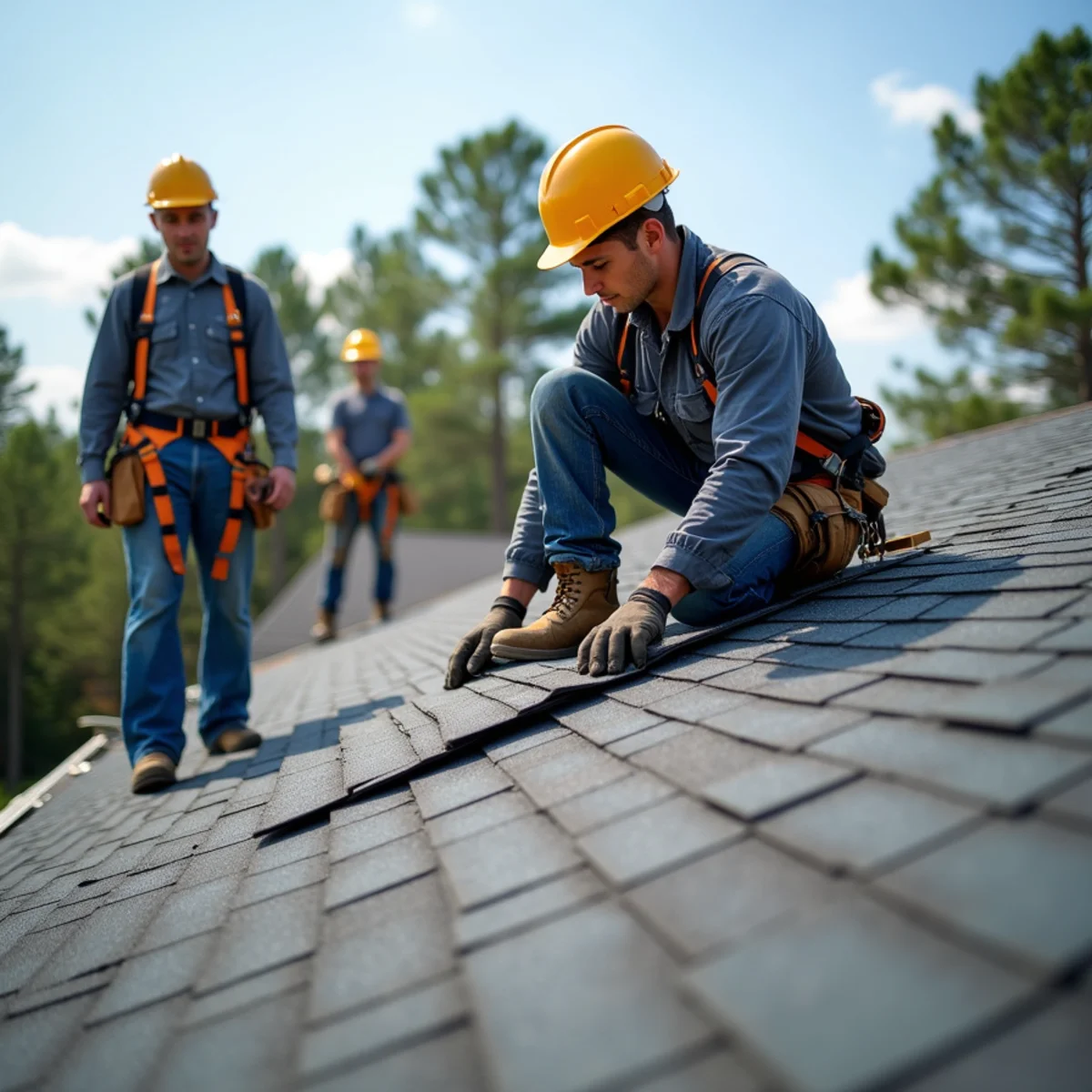 Roofing contractor crew replacing asphalt shingle roof on Conway County, Arkansas home
