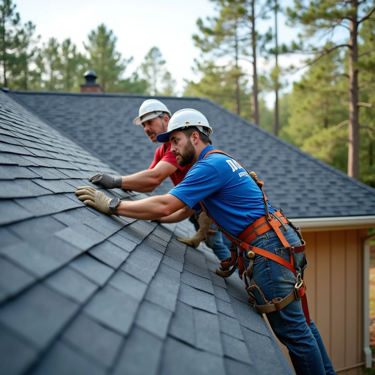 Roofing contractor crew replacing asphalt shingle roof on England, Arkansas home