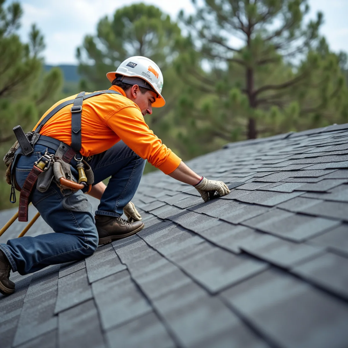 Roofing contractor crew replacing asphalt shingle roof on Faulkner County, Arkansas home