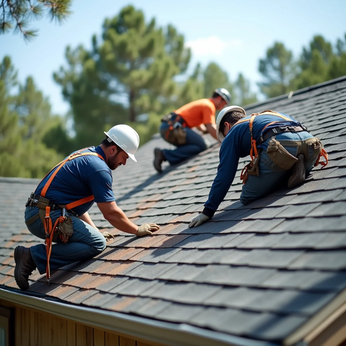 Roofing contractor crew replacing asphalt shingle roof on Grant County, Arkansas home