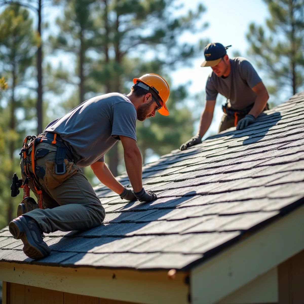 Roofing contractor crew replacing asphalt shingle roof on Hensley, Arkansas home