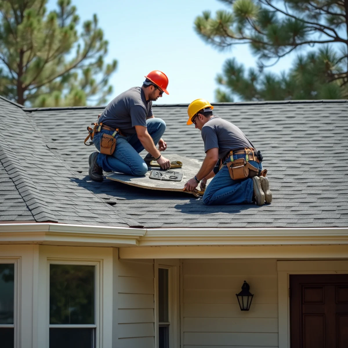 Roofing contractor crew replacing asphalt shingle roof on Hot Spring County, Arkansas home