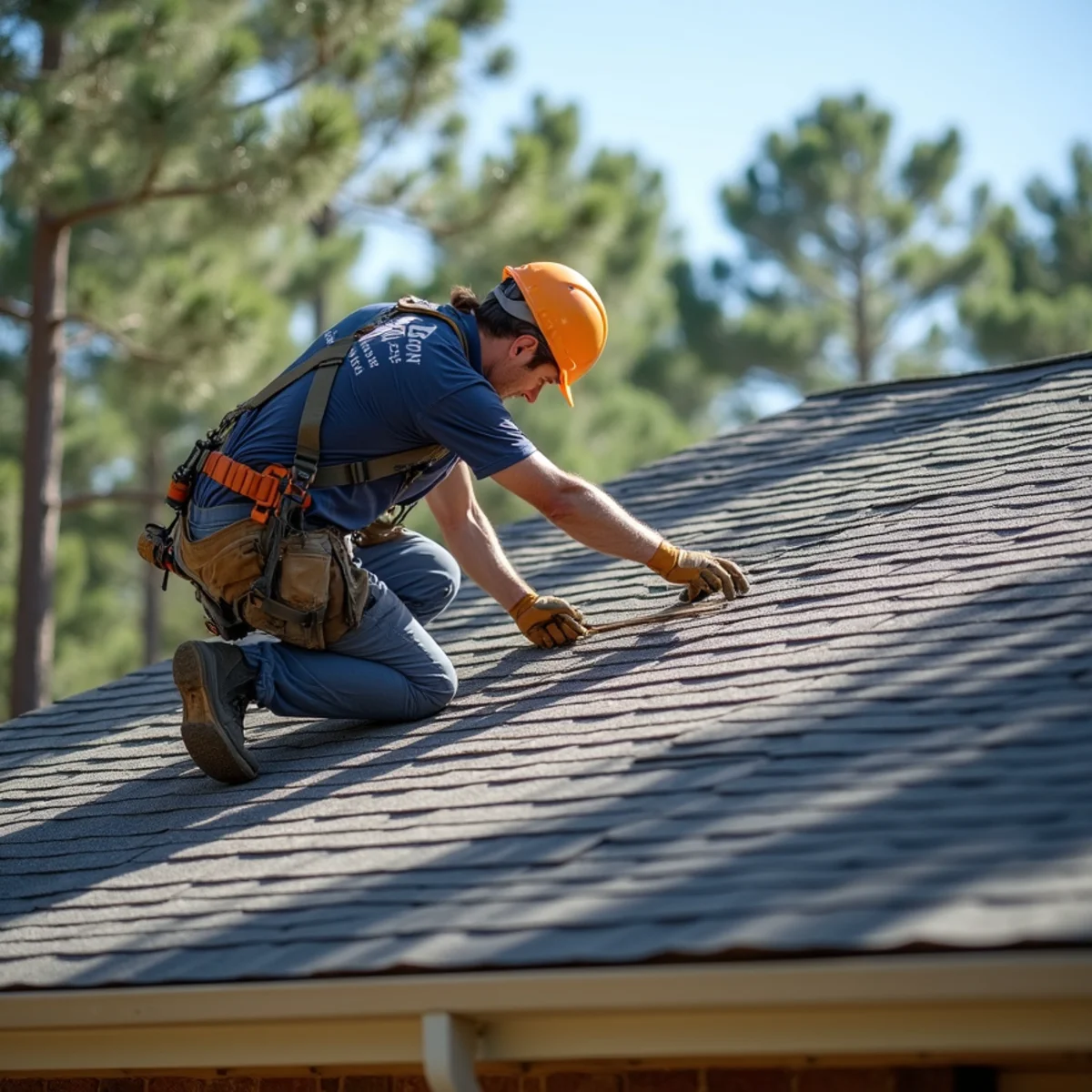 Roofing contractor crew replacing asphalt shingle roof on Lake Hamilton, Arkansas home