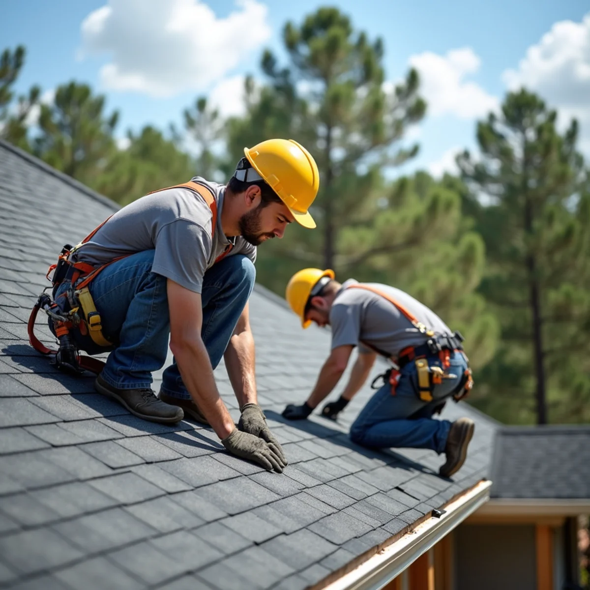 Roofing contractor crew replacing asphalt shingle roof on Lonoke, Arkansas home