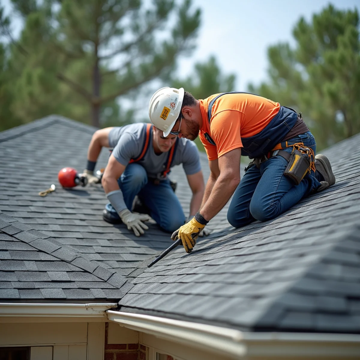 Roofing contractor crew replacing asphalt shingle roof on Lonoke County, Arkansas home