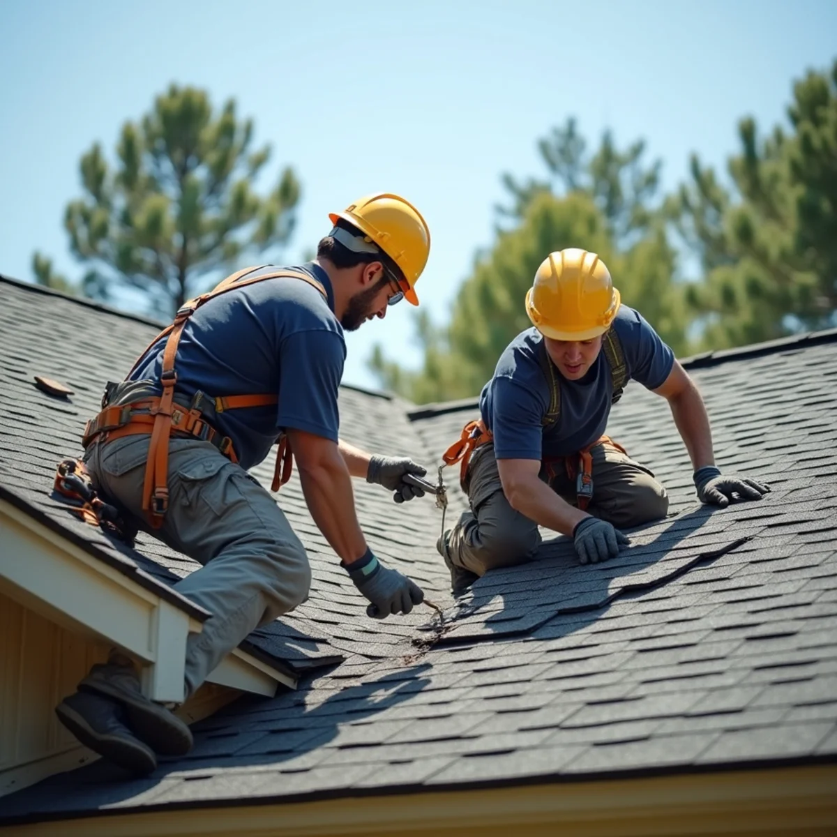 Roofing contractor crew replacing asphalt shingle roof on Mayflower, Arkansas home