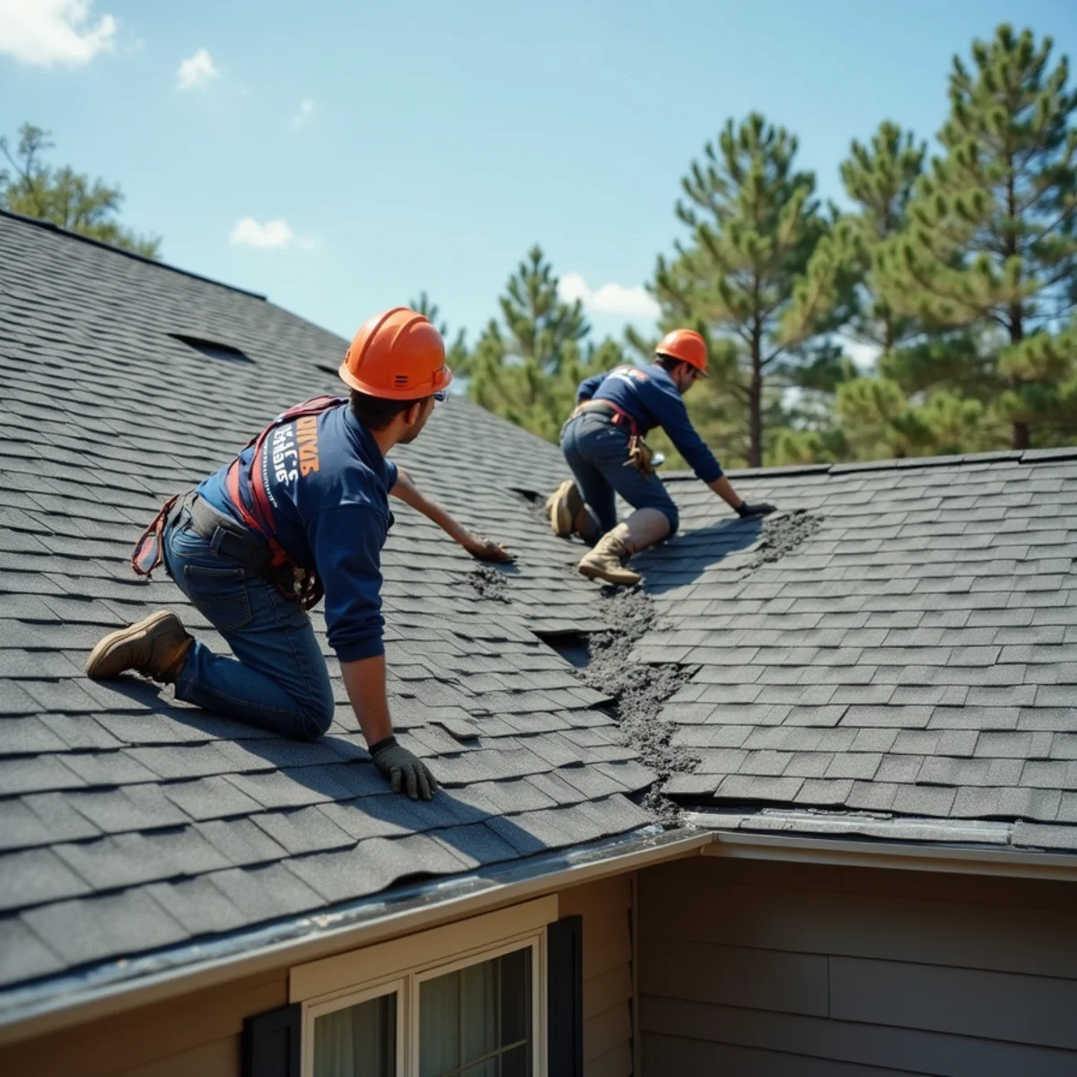 Roofing contractor crew replacing asphalt shingle roof on Perry County, Arkansas home