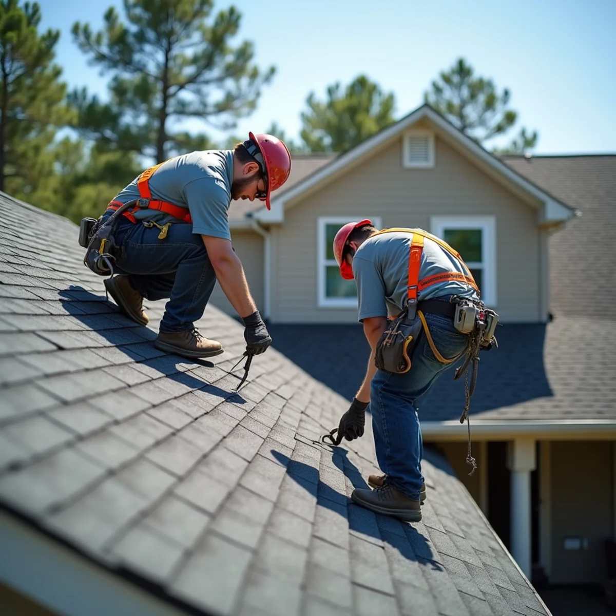 Roofing contractor crew replacing asphalt shingle roof on Perryville, Arkansas home