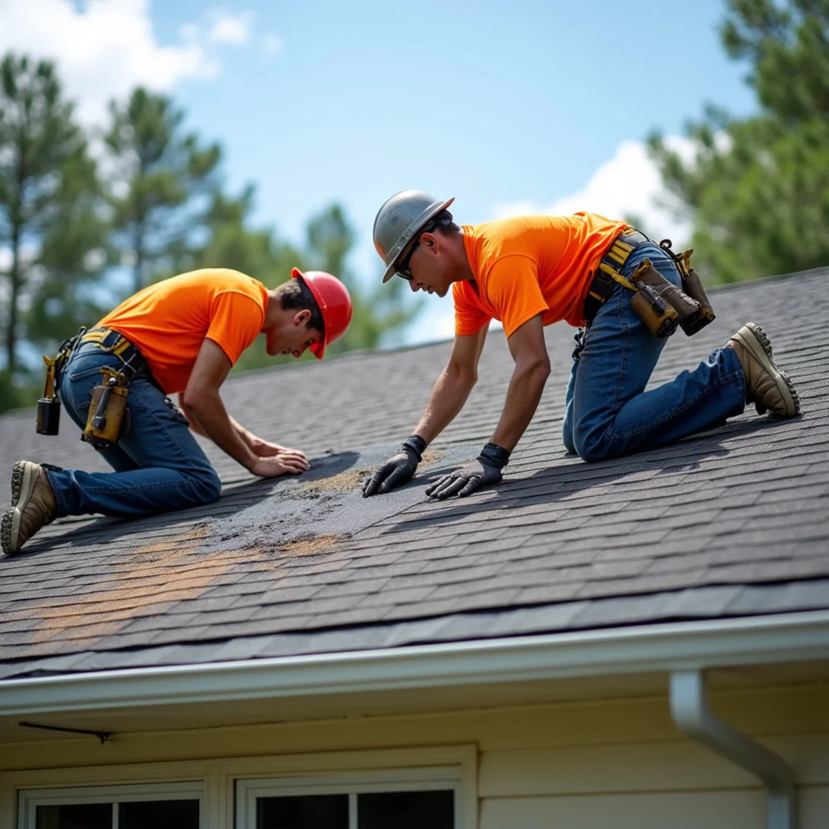 Roofing contractor crew replacing asphalt shingle roof on Prairie County, Arkansas home