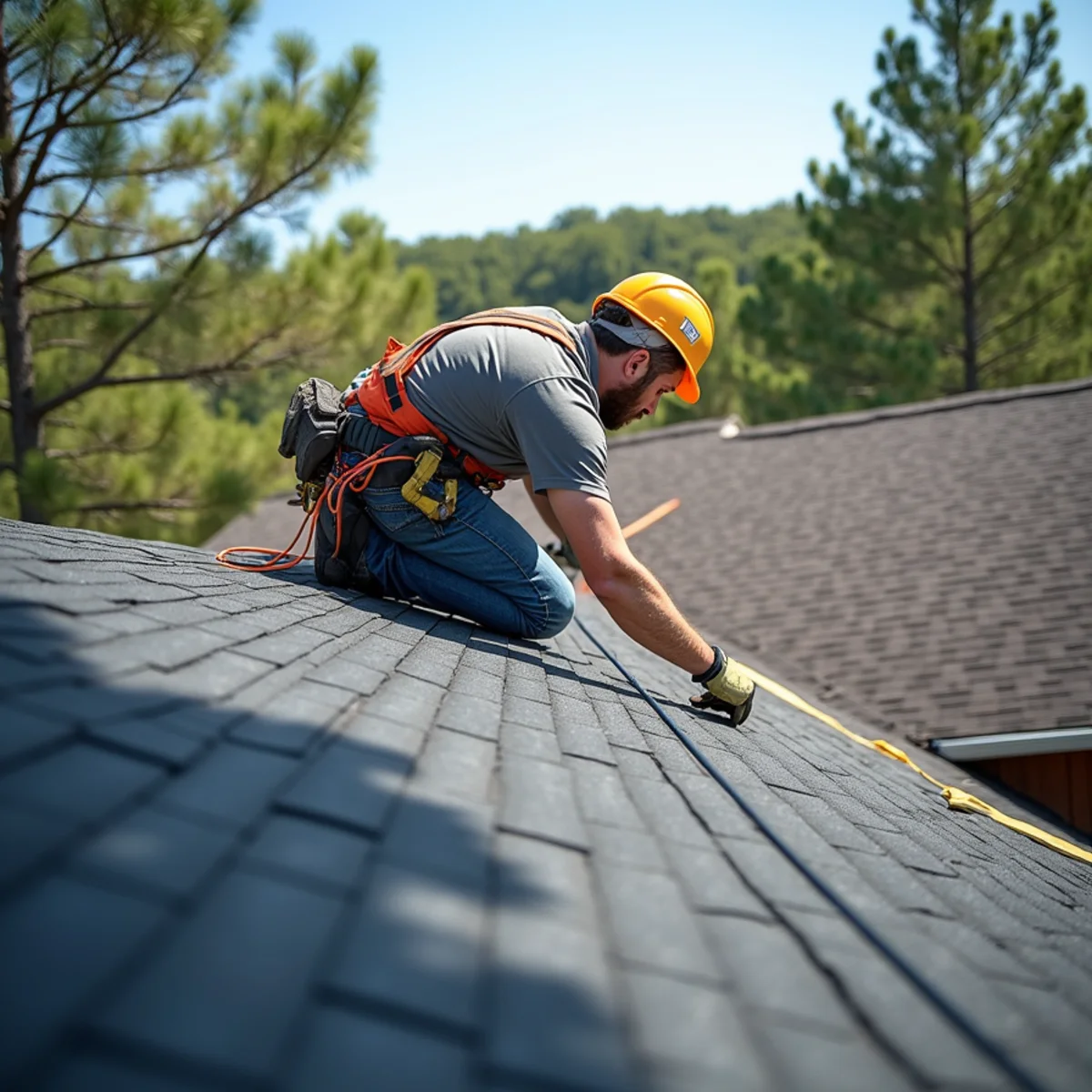 Roofing contractor crew replacing asphalt shingle roof on Saline County, Arkansas home