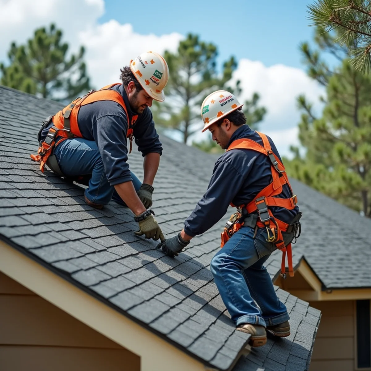 Roofing contractor crew replacing asphalt shingle roof on Sweet Home, Arkansas home