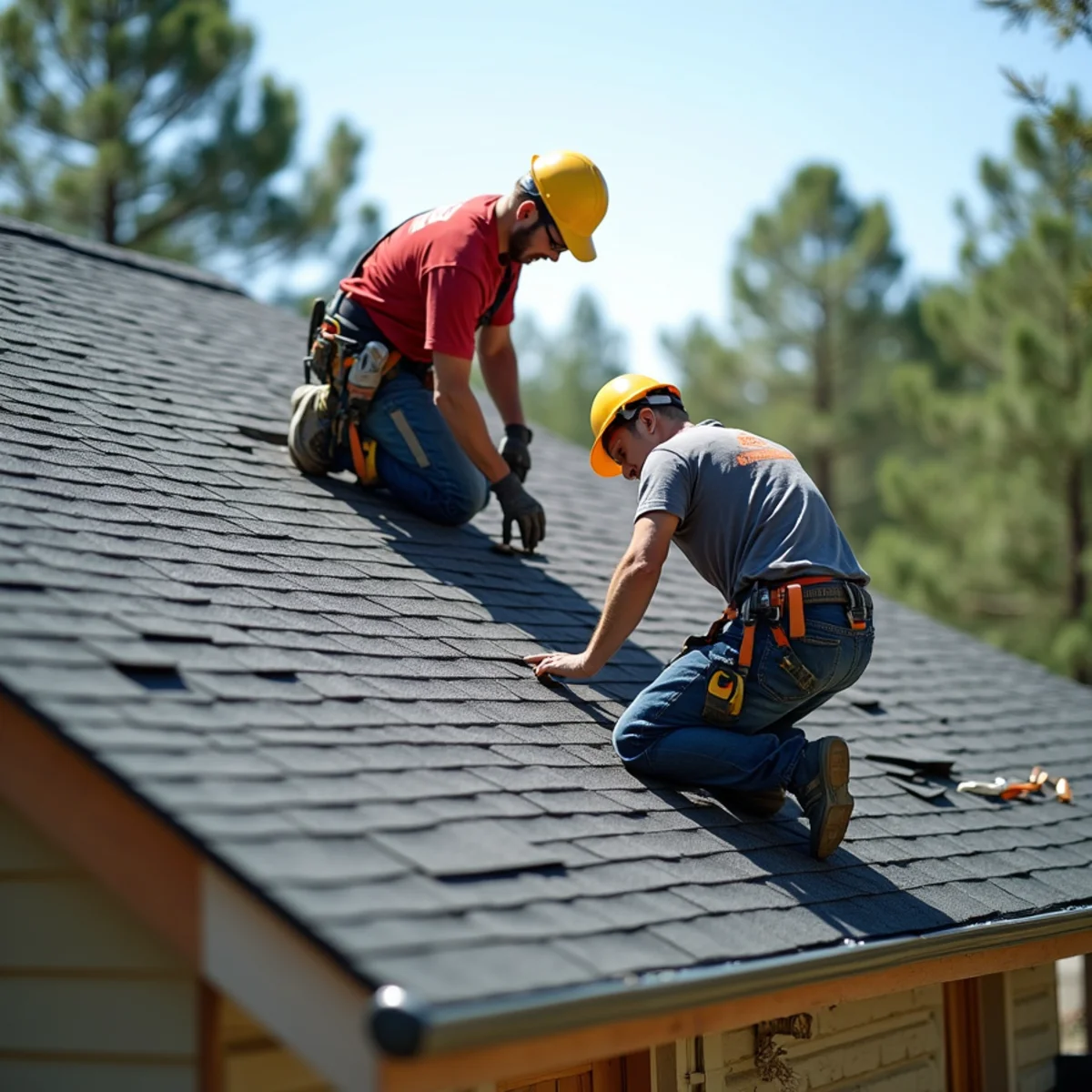 Roofing contractor crew replacing asphalt shingle roof on Ward, Arkansas home