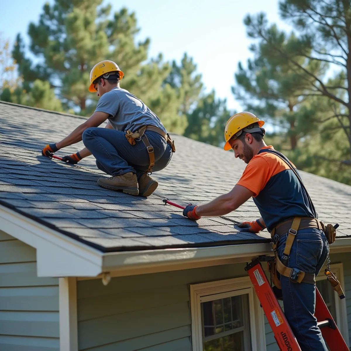 Roofing contractor crew replacing asphalt shingle roof on Wooster, Arkansas home