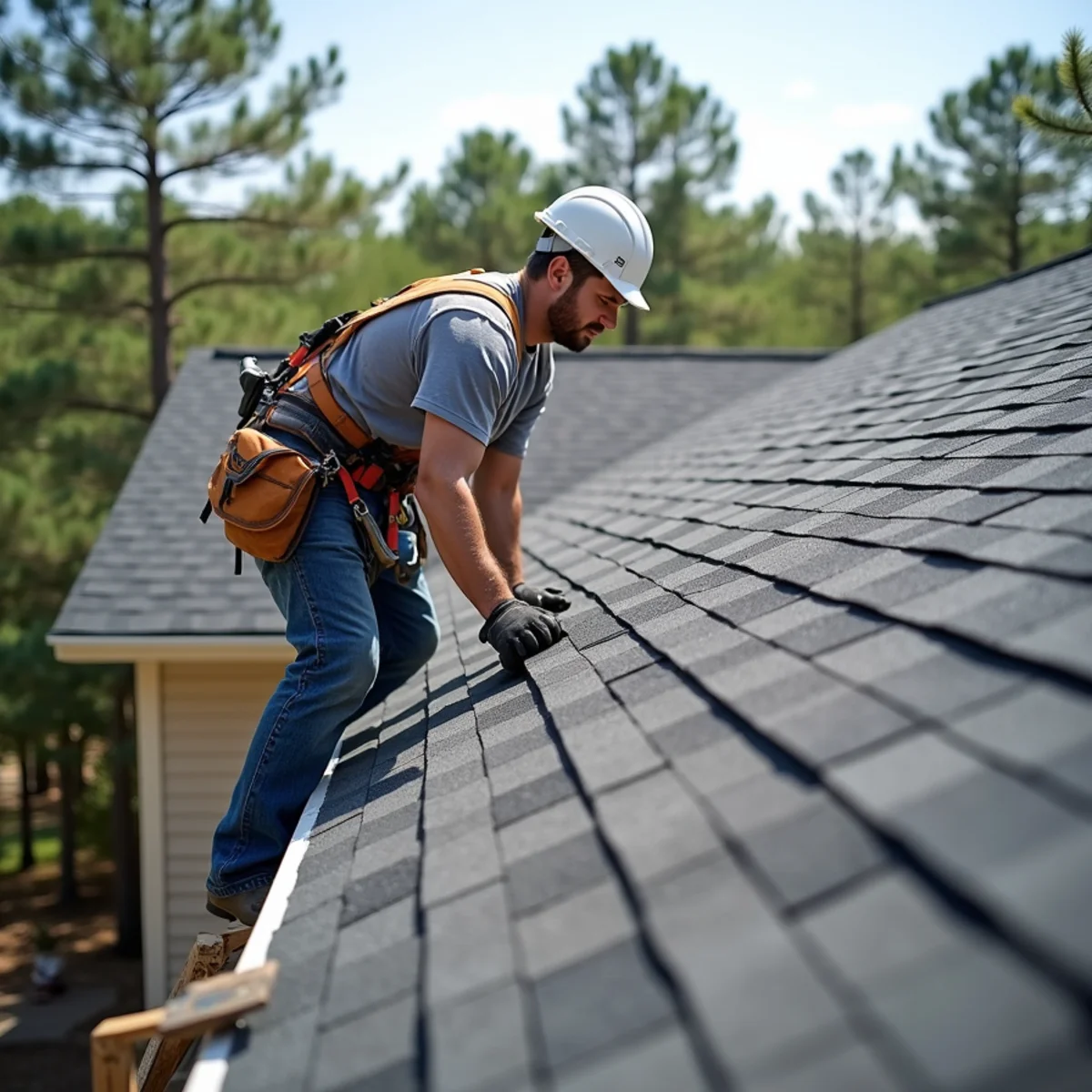 Roofing contractor crew replacing asphalt shingle roof on Wrightsville, Arkansas home